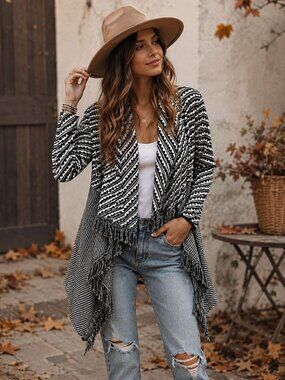 Norm Thompson Black & White Fringe Open-Front Cardigan Sweater Medium Chevron